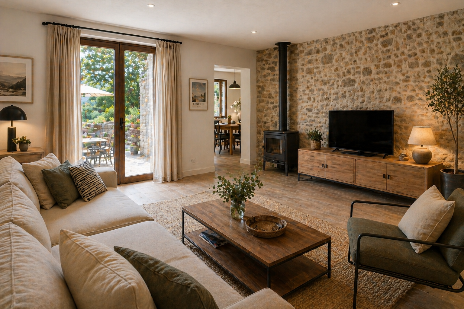 Salon chaleureux d'une location en Ardèche