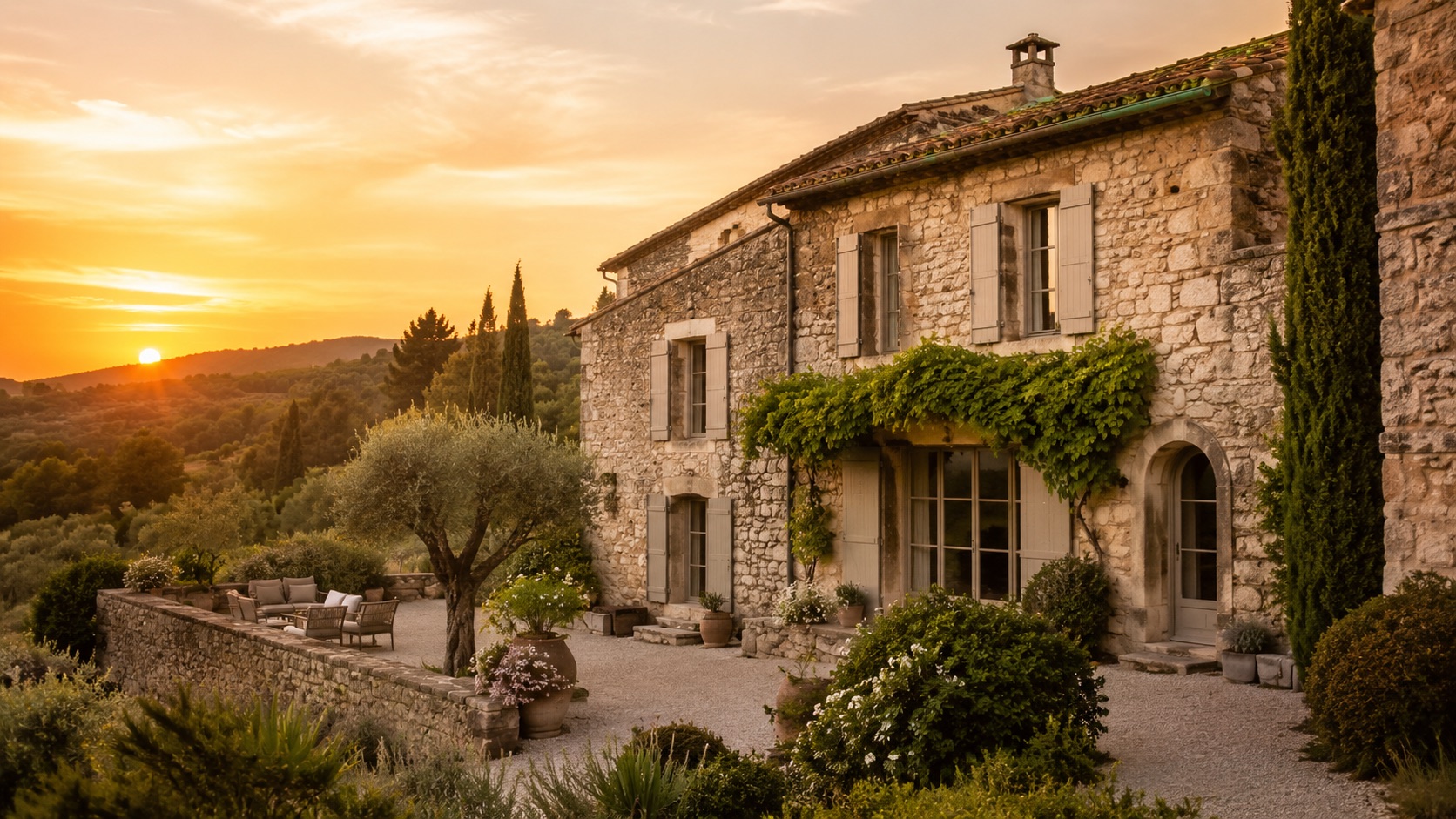 Mas en pierre en Ardèche au crépuscule