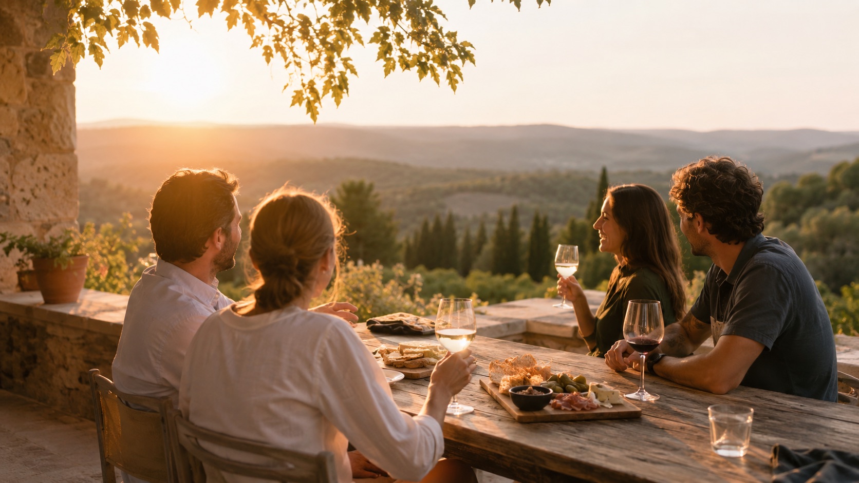Voyageurs profitant d'un apéritif en terrasse au coucher du soleil
